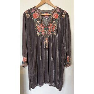 Johnny Was Gray Velvet Floral Embroidered Tunic Boho Mini Dress Size Large